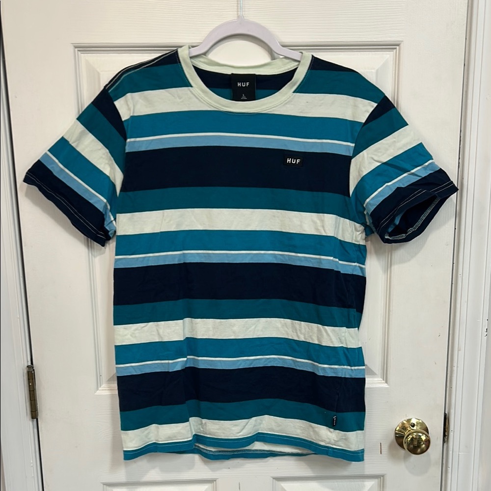 HUF Men's Striped Blue T-Shirt Size Large